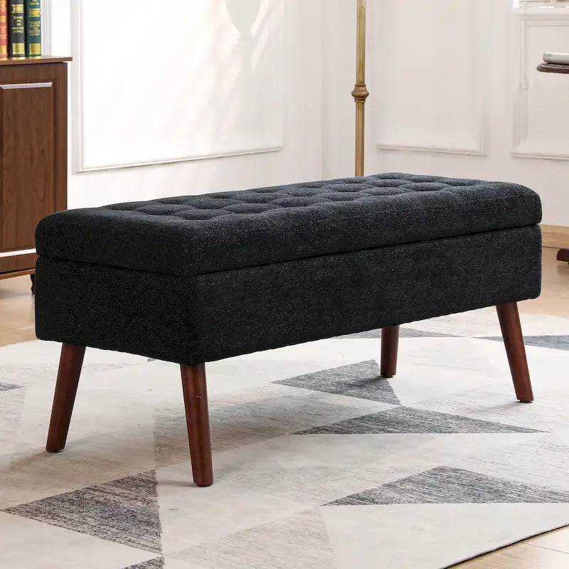 Banc de rangement capitonné, Dessus relevable, Charnière de sécurité, Pieds coniques en bois massif, Planche multicouche, Capacité de 136 kg