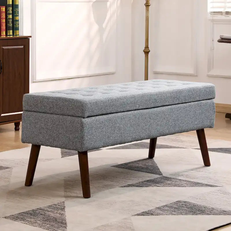 Banc de rangement capitonné, Dessus relevable, Charnière de sécurité, Pieds coniques en bois massif, Planche multicouche, Capacité de 136 kg