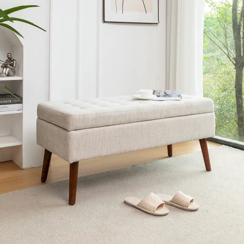 Banc de rangement capitonné, Dessus relevable, Charnière de sécurité, Pieds coniques en bois massif, Planche multicouche, Capacité de 136 kg