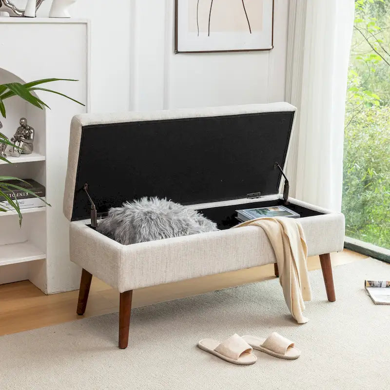 Banc de rangement capitonné, Dessus relevable, Charnière de sécurité, Pieds coniques en bois massif, Planche multicouche, Capacité de 136 kg