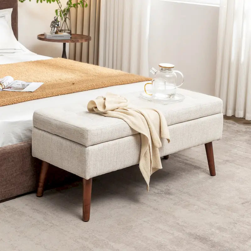 Banc de rangement capitonné, Dessus relevable, Charnière de sécurité, Pieds coniques en bois massif, Planche multicouche, Capacité de 136 kg