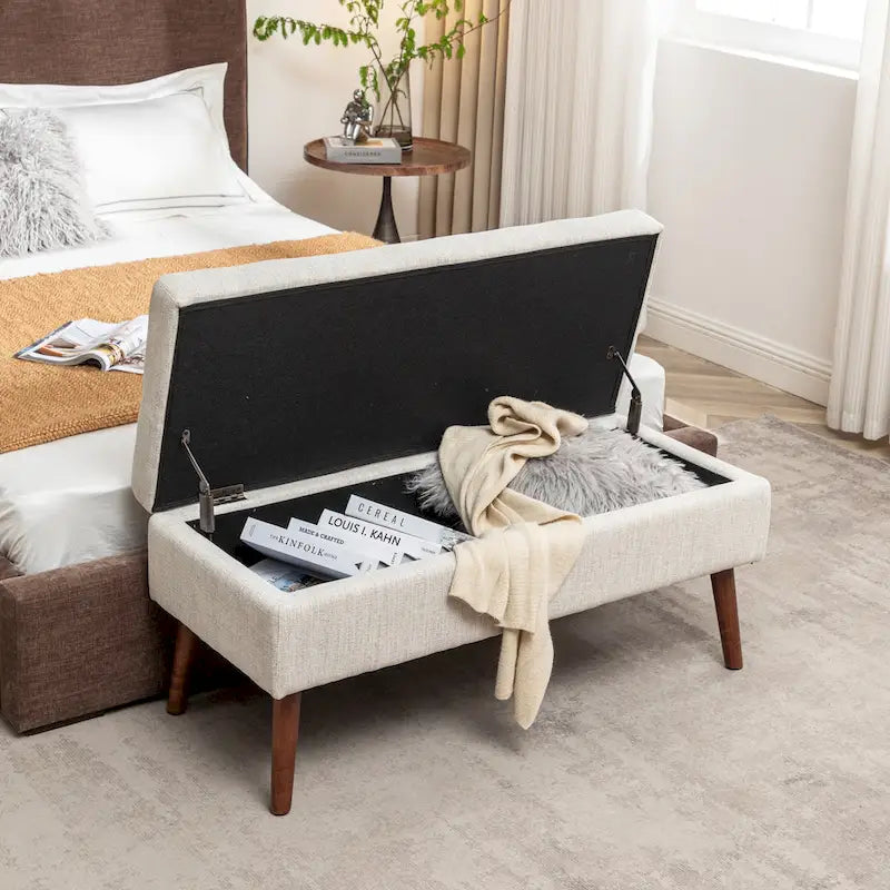 Banc de rangement capitonné, Dessus relevable, Charnière de sécurité, Pieds coniques en bois massif, Planche multicouche, Capacité de 136 kg