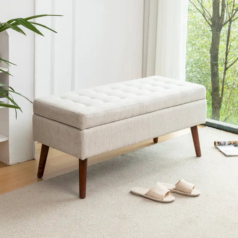 Banc de rangement capitonné, Dessus relevable, Charnière de sécurité, Pieds coniques en bois massif, Planche multicouche, Capacité de 136 kg