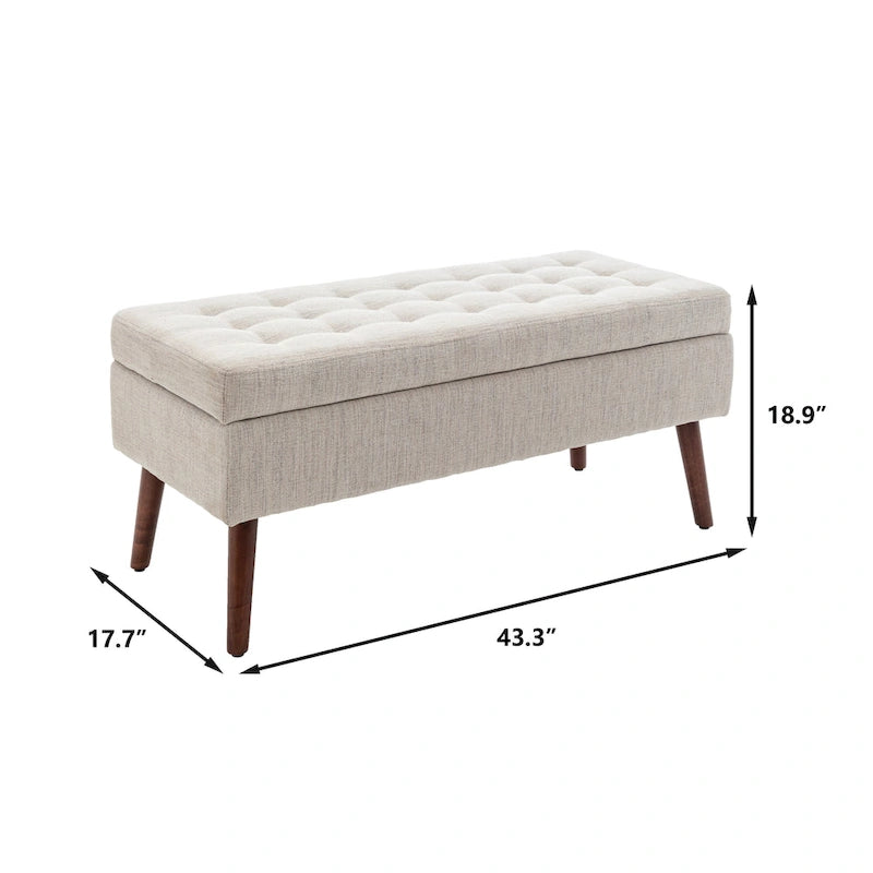 Banc de rangement capitonné, Dessus relevable, Charnière de sécurité, Pieds coniques en bois massif, Planche multicouche, Capacité de 136 kg