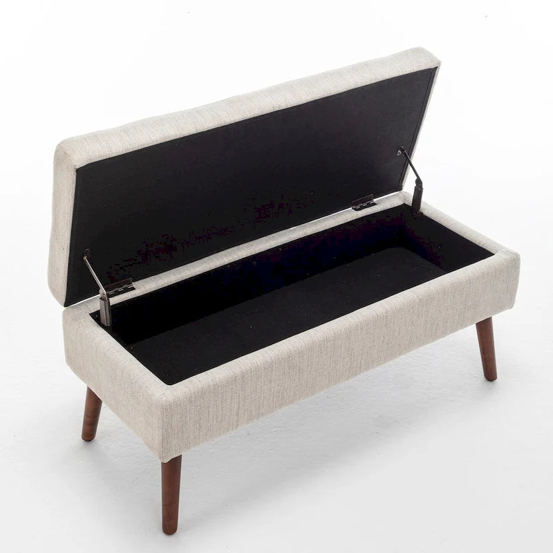 Banc de rangement capitonné, Dessus relevable, Charnière de sécurité, Pieds coniques en bois massif, Planche multicouche, Capacité de 136 kg