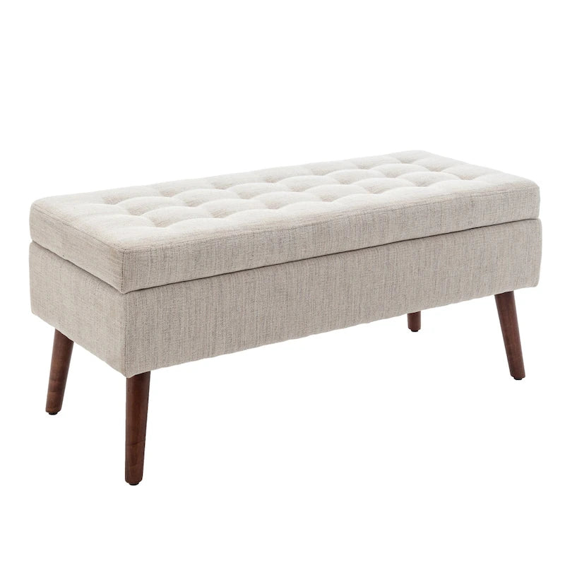 Banc de rangement capitonné, Dessus relevable, Charnière de sécurité, Pieds coniques en bois massif, Planche multicouche, Capacité de 136 kg