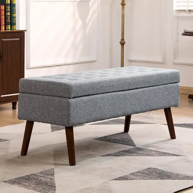 Banc de rangement capitonné, Dessus relevable, Charnière de sécurité, Pieds coniques en bois massif, Planche multicouche, Capacité de 136 kg