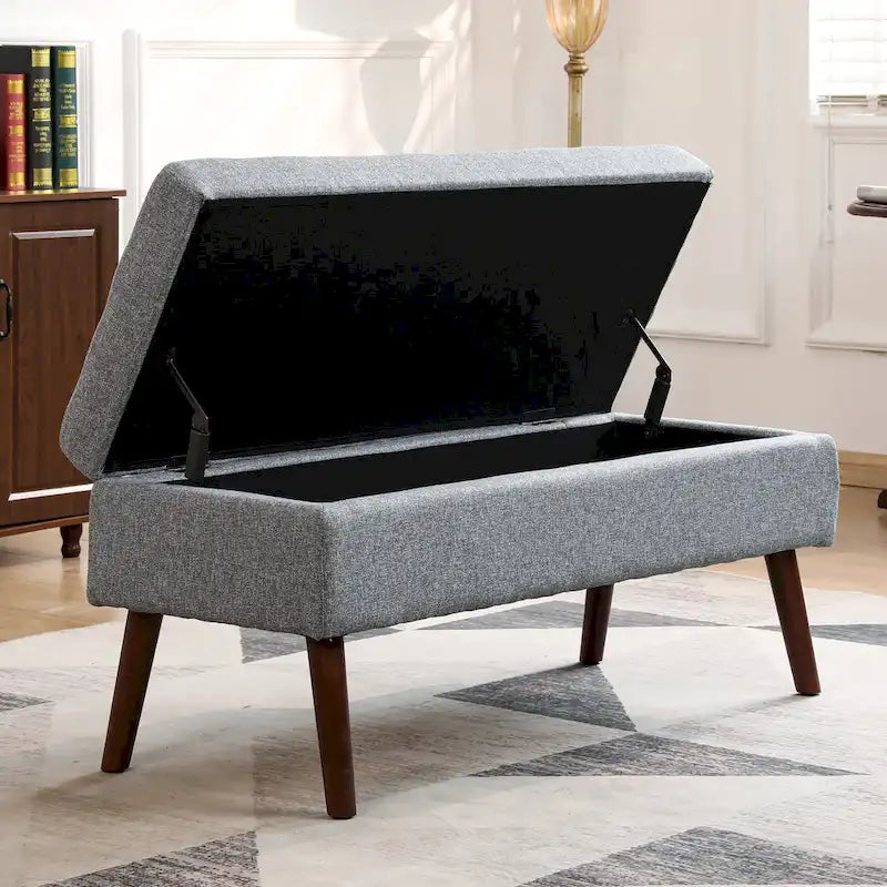Banc de rangement capitonné, Dessus relevable, Charnière de sécurité, Pieds coniques en bois massif, Planche multicouche, Capacité de 136 kg