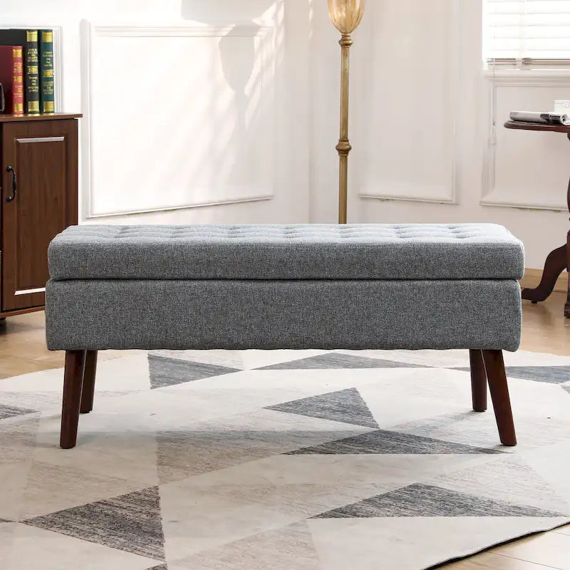 Banc de rangement capitonné, Dessus relevable, Charnière de sécurité, Pieds coniques en bois massif, Planche multicouche, Capacité de 136 kg