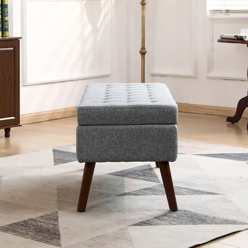 Banc de rangement capitonné, Dessus relevable, Charnière de sécurité, Pieds coniques en bois massif, Planche multicouche, Capacité de 136 kg
