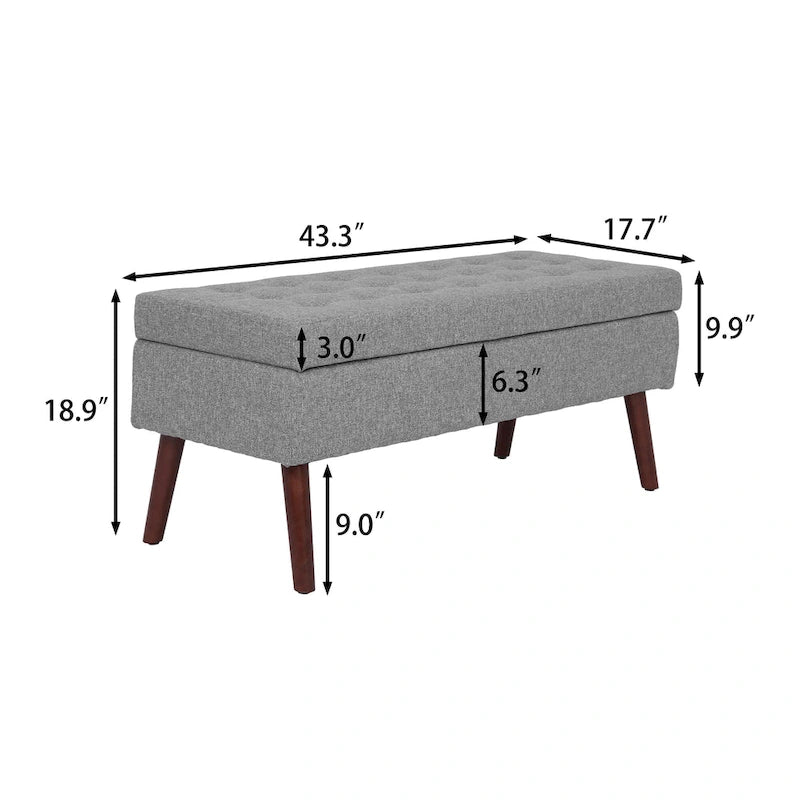 Banc de rangement capitonné, Dessus relevable, Charnière de sécurité, Pieds coniques en bois massif, Planche multicouche, Capacité de 136 kg