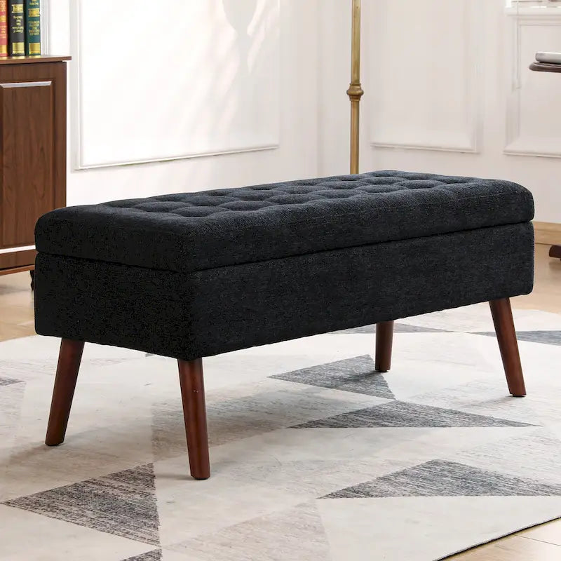 Banc de rangement capitonné, Dessus relevable, Charnière de sécurité, Pieds coniques en bois massif, Planche multicouche, Capacité de 136 kg
