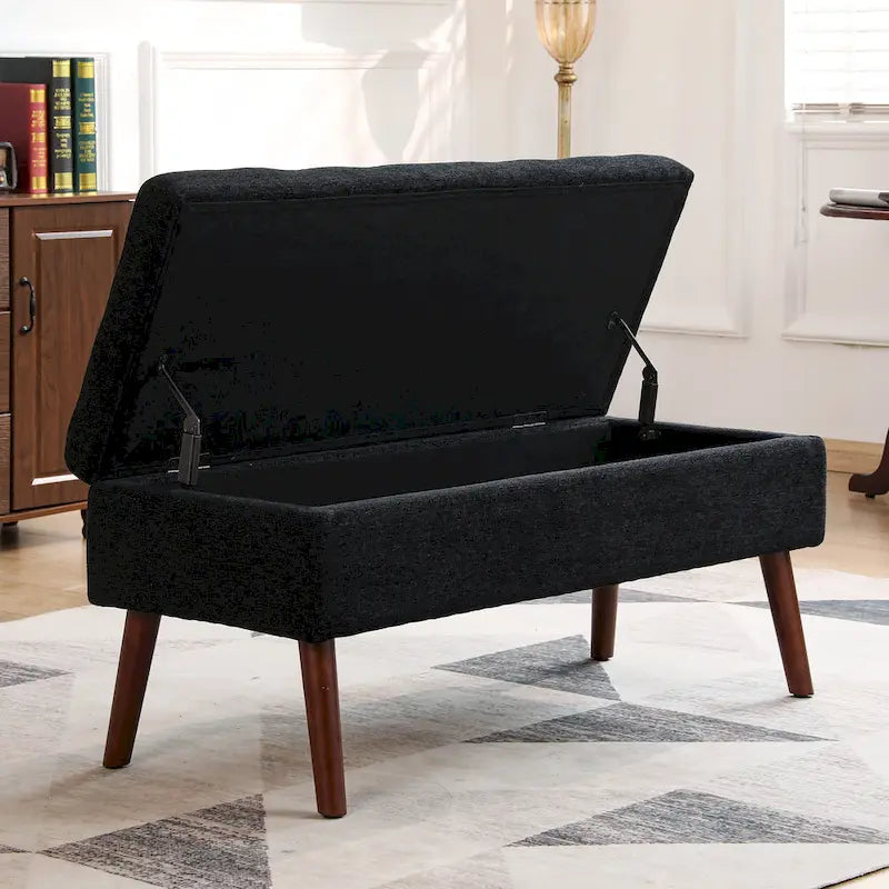 Banc de rangement capitonné, Dessus relevable, Charnière de sécurité, Pieds coniques en bois massif, Planche multicouche, Capacité de 136 kg