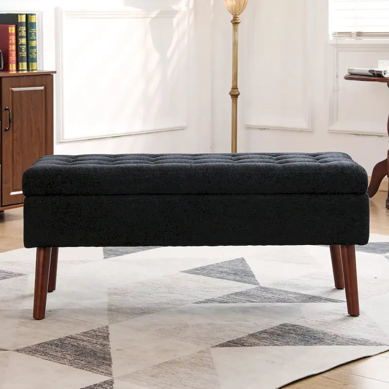 Banc de rangement capitonné, Dessus relevable, Charnière de sécurité, Pieds coniques en bois massif, Planche multicouche, Capacité de 136 kg