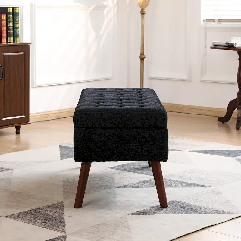 Banc de rangement capitonné, Dessus relevable, Charnière de sécurité, Pieds coniques en bois massif, Planche multicouche, Capacité de 136 kg