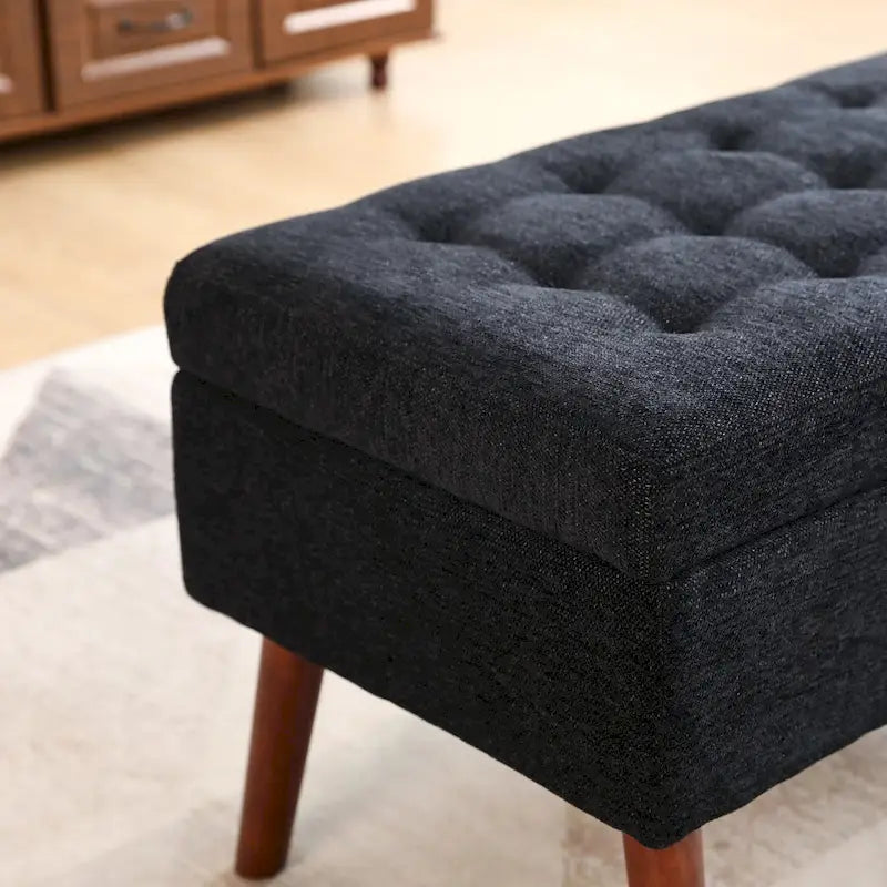 Banc de rangement capitonné, Dessus relevable, Charnière de sécurité, Pieds coniques en bois massif, Planche multicouche, Capacité de 136 kg