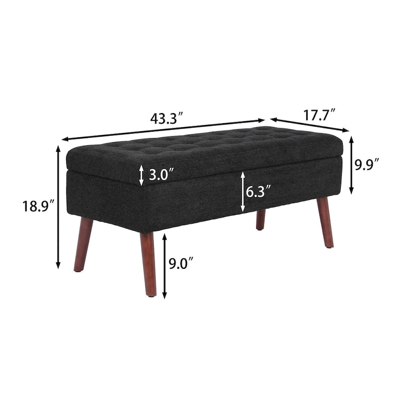 Banc de rangement capitonné, Dessus relevable, Charnière de sécurité, Pieds coniques en bois massif, Planche multicouche, Capacité de 136 kg
