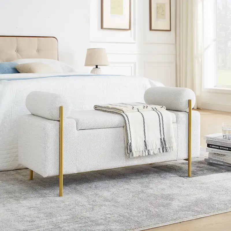 Banc de rangement capitonné Accoudoirs cylindriques Rangement avec couvercle relevable Tissu bouclé Rembourrage en éponge épaisse Structure en bois Pieds en métal doré