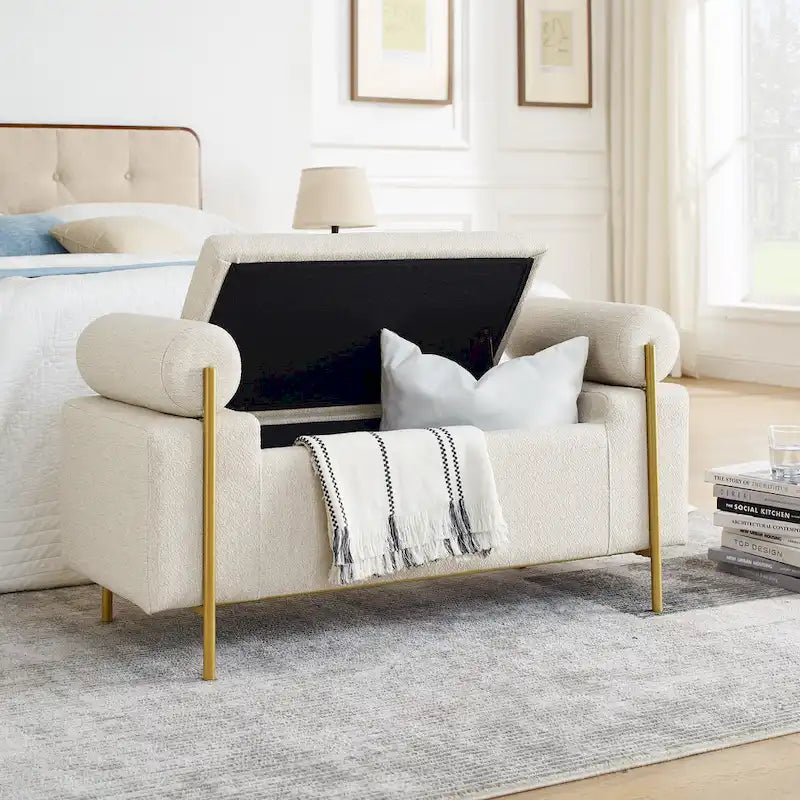 Banc de rangement capitonné Accoudoirs cylindriques Rangement avec couvercle relevable Tissu bouclé Rembourrage en éponge épaisse Structure en bois Pieds en métal doré