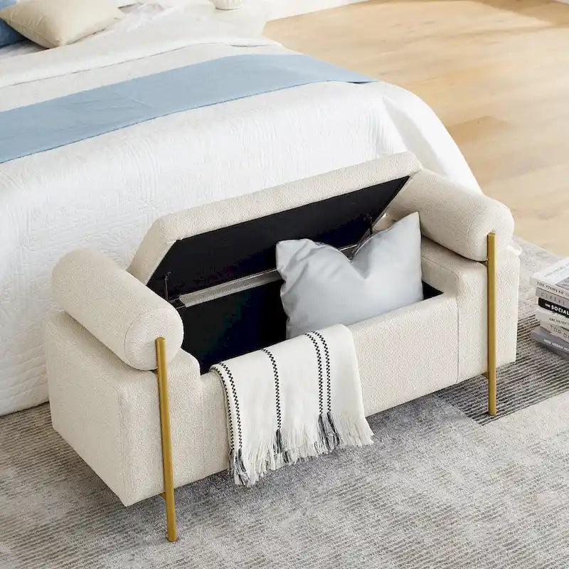 Banc de rangement capitonné Accoudoirs cylindriques Rangement avec couvercle relevable Tissu bouclé Rembourrage en éponge épaisse Structure en bois Pieds en métal doré