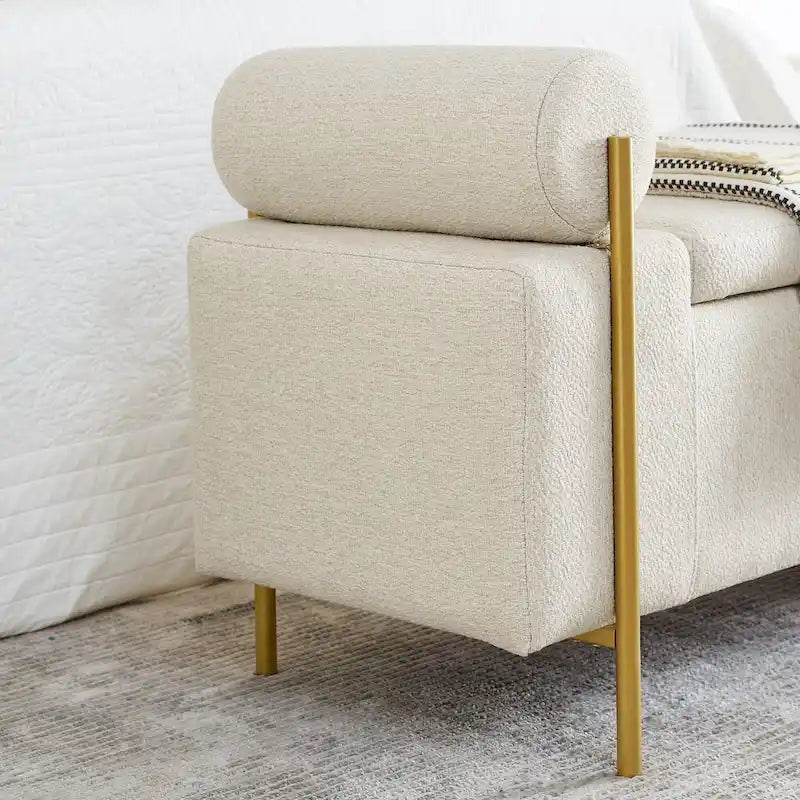 Banc de rangement capitonné Accoudoirs cylindriques Rangement avec couvercle relevable Tissu bouclé Rembourrage en éponge épaisse Structure en bois Pieds en métal doré