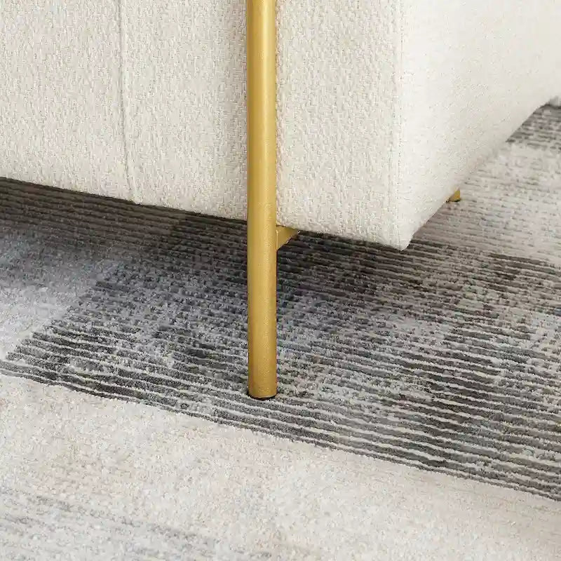 Banc de rangement capitonné Accoudoirs cylindriques Rangement avec couvercle relevable Tissu bouclé Rembourrage en éponge épaisse Structure en bois Pieds en métal doré