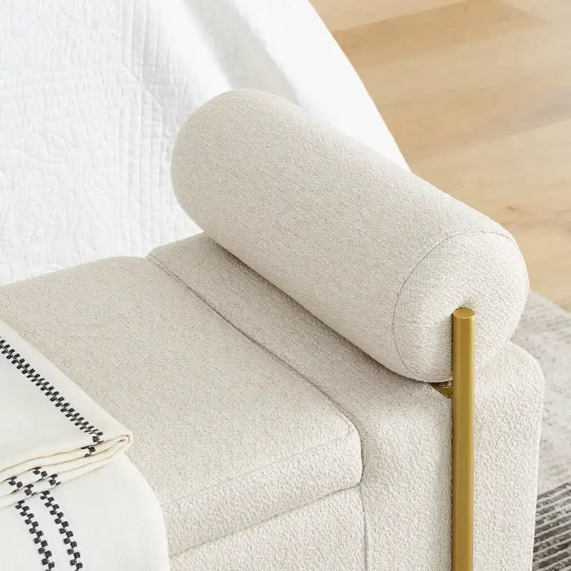 Banc de rangement capitonné Accoudoirs cylindriques Rangement avec couvercle relevable Tissu bouclé Rembourrage en éponge épaisse Structure en bois Pieds en métal doré