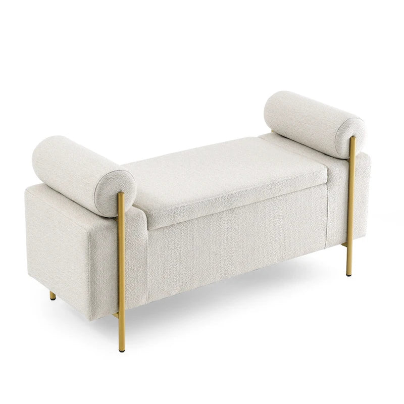 Banc de rangement capitonné Accoudoirs cylindriques Rangement avec couvercle relevable Tissu bouclé Rembourrage en éponge épaisse Structure en bois Pieds en métal doré