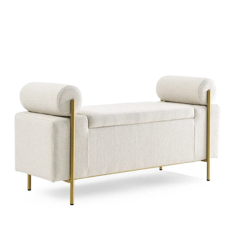 Banc de rangement capitonné Accoudoirs cylindriques Rangement avec couvercle relevable Tissu bouclé Rembourrage en éponge épaisse Structure en bois Pieds en métal doré