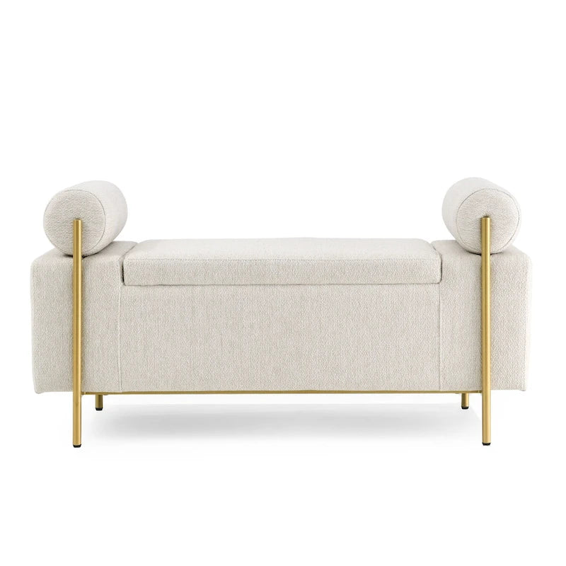 Banc de rangement capitonné Accoudoirs cylindriques Rangement avec couvercle relevable Tissu bouclé Rembourrage en éponge épaisse Structure en bois Pieds en métal doré