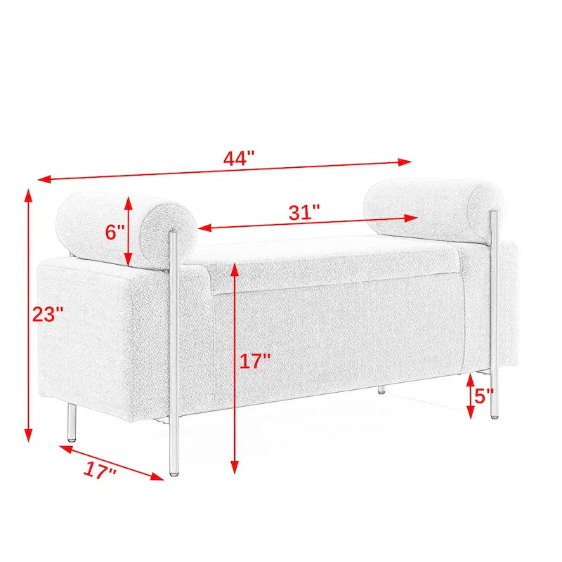 Banc de rangement capitonné Accoudoirs cylindriques Rangement avec couvercle relevable Tissu bouclé Rembourrage en éponge épaisse Structure en bois Pieds en métal doré