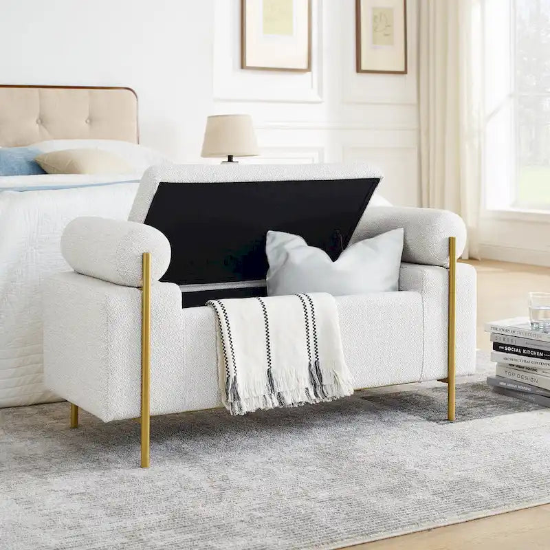 Banc de rangement capitonné Accoudoirs cylindriques Rangement avec couvercle relevable Tissu bouclé Rembourrage en éponge épaisse Structure en bois Pieds en métal doré