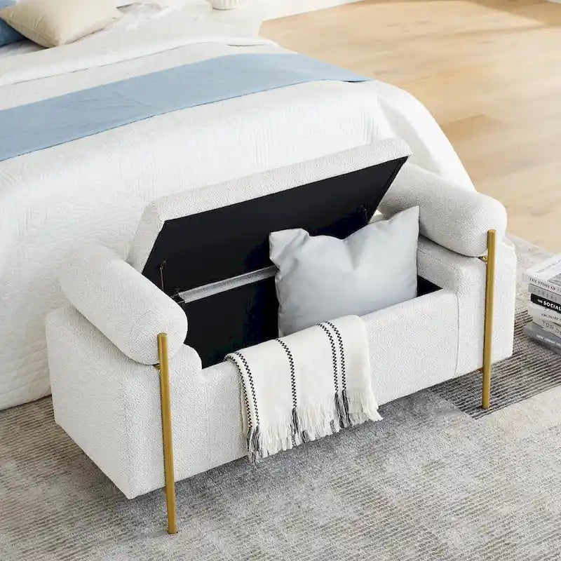 Banc de rangement capitonné Accoudoirs cylindriques Rangement avec couvercle relevable Tissu bouclé Rembourrage en éponge épaisse Structure en bois Pieds en métal doré