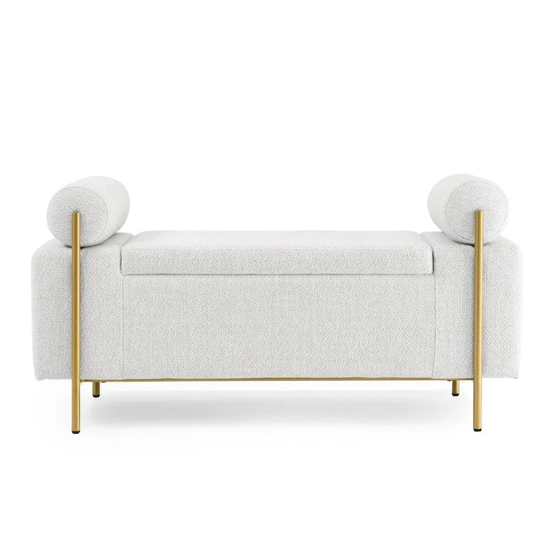 Banc de rangement capitonné Accoudoirs cylindriques Rangement avec couvercle relevable Tissu bouclé Rembourrage en éponge épaisse Structure en bois Pieds en métal doré