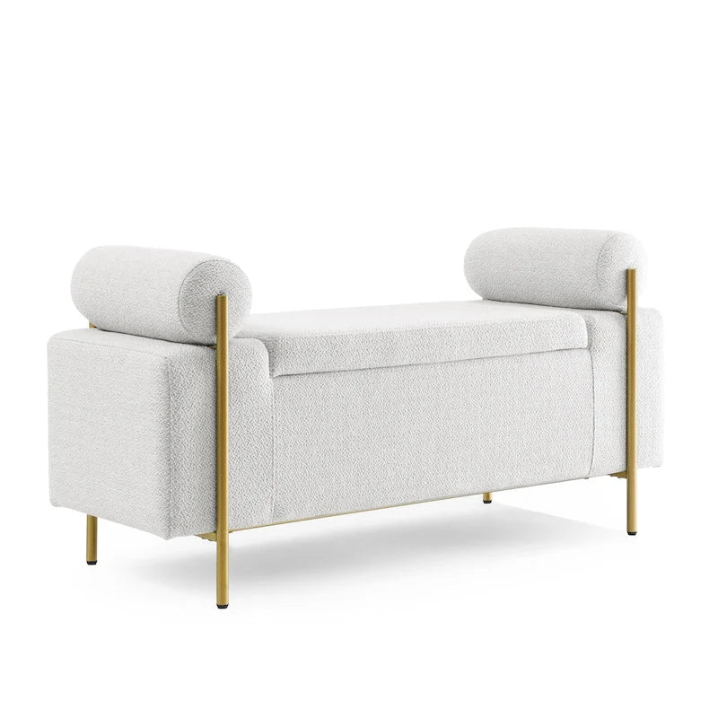 Banc de rangement capitonné Accoudoirs cylindriques Rangement avec couvercle relevable Tissu bouclé Rembourrage en éponge épaisse Structure en bois Pieds en métal doré