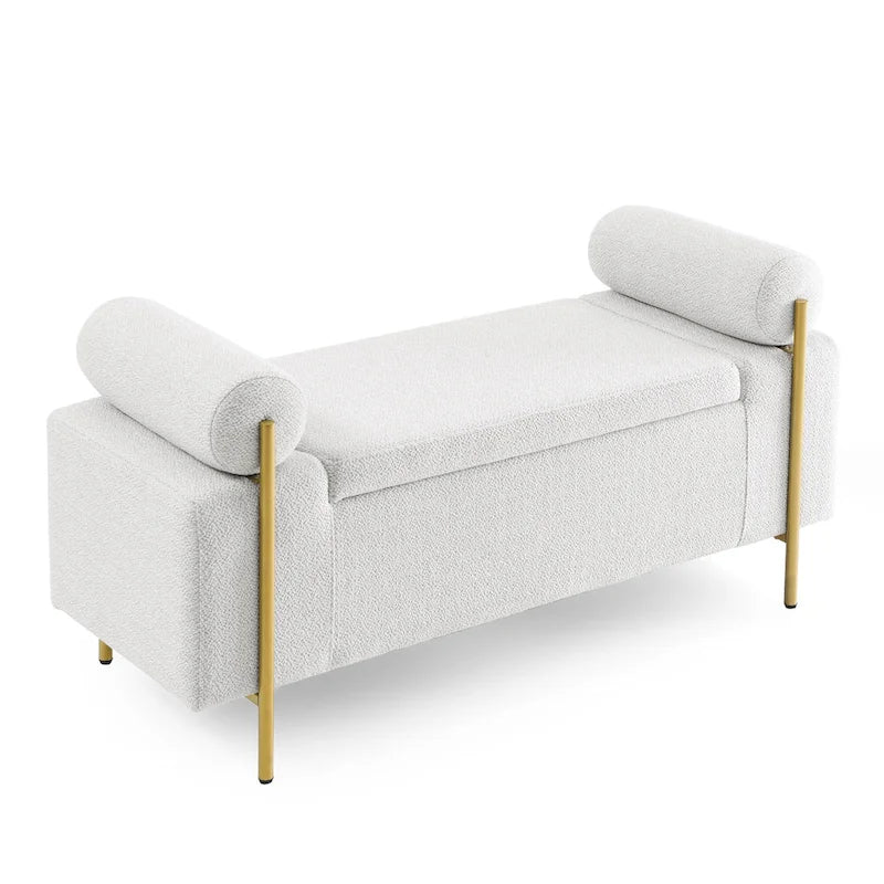 Banc de rangement capitonné Accoudoirs cylindriques Rangement avec couvercle relevable Tissu bouclé Rembourrage en éponge épaisse Structure en bois Pieds en métal doré