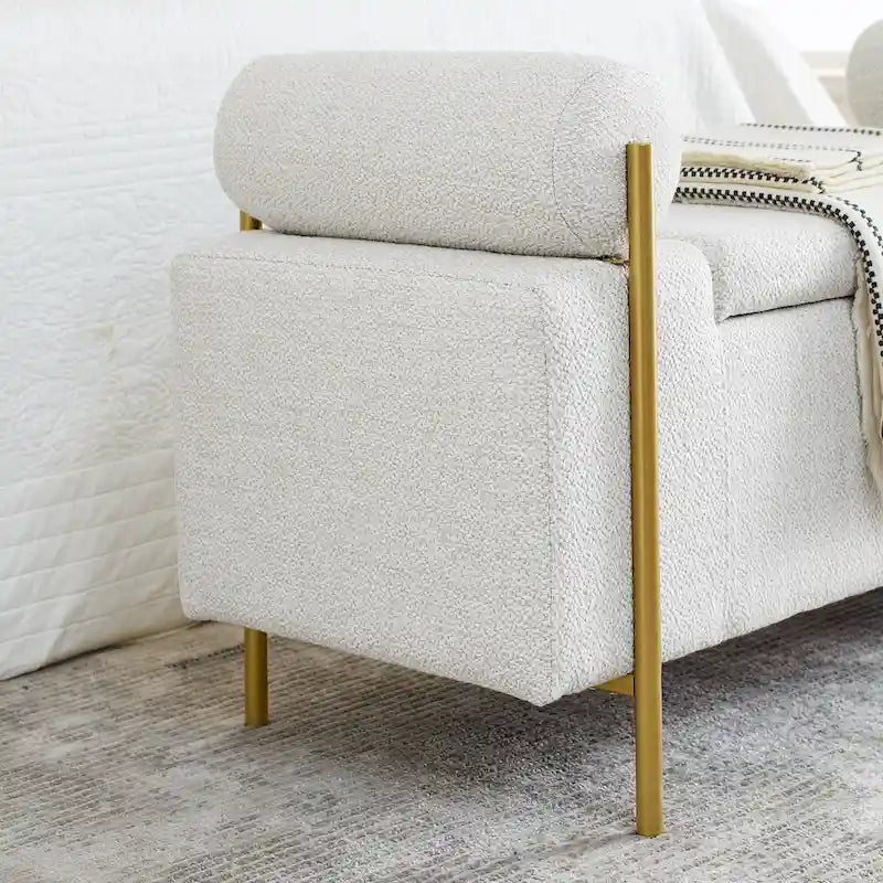 Banc de rangement capitonné Accoudoirs cylindriques Rangement avec couvercle relevable Tissu bouclé Rembourrage en éponge épaisse Structure en bois Pieds en métal doré