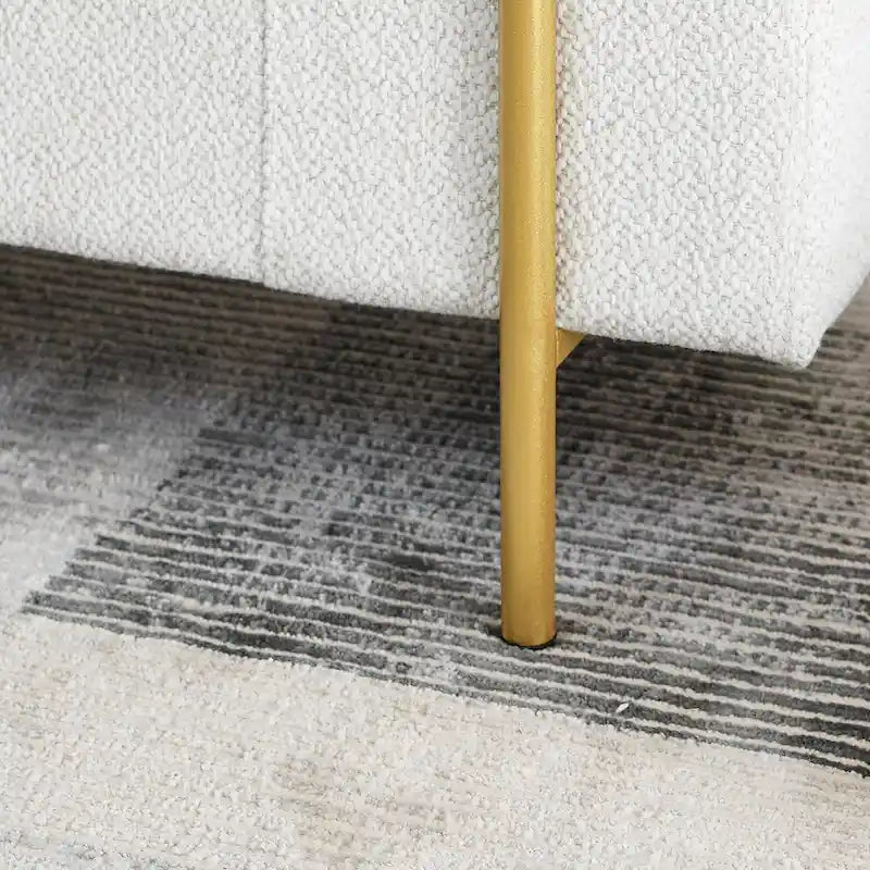 Banc de rangement capitonné Accoudoirs cylindriques Rangement avec couvercle relevable Tissu bouclé Rembourrage en éponge épaisse Structure en bois Pieds en métal doré