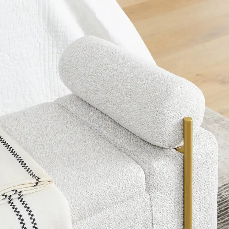 Banc de rangement capitonné Accoudoirs cylindriques Rangement avec couvercle relevable Tissu bouclé Rembourrage en éponge épaisse Structure en bois Pieds en métal doré