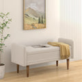 Banc de rangement capitonné accoudoirs bas rangement escamotable tissu lin garnissage éponge pieds fuselés en bois d'hévéa