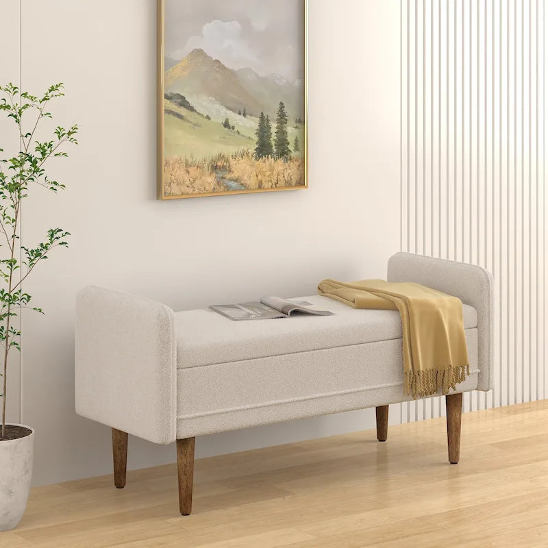 Banc de rangement capitonné accoudoirs bas rangement escamotable tissu lin garnissage éponge pieds fuselés en bois d'hévéa