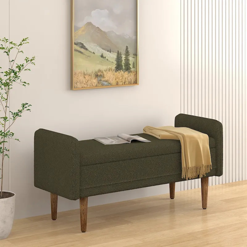 Banc de rangement capitonné accoudoirs bas rangement escamotable tissu lin garnissage éponge pieds fuselés en bois d'hévéa