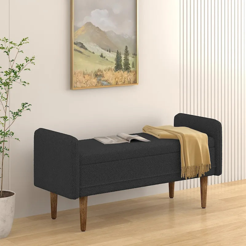 Banc de rangement capitonné accoudoirs bas rangement escamotable tissu lin garnissage éponge pieds fuselés en bois d'hévéa
