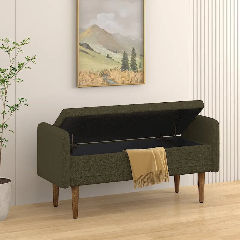 Banc de rangement capitonné accoudoirs bas rangement escamotable tissu lin garnissage éponge pieds fuselés en bois d'hévéa