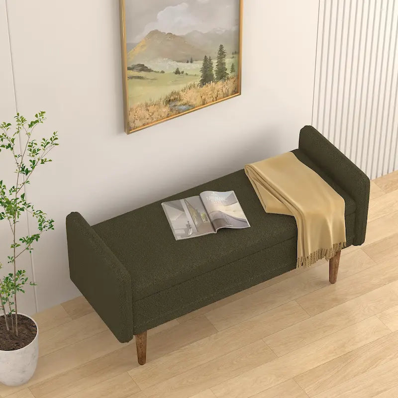 Banc de rangement capitonné accoudoirs bas rangement escamotable tissu lin garnissage éponge pieds fuselés en bois d'hévéa