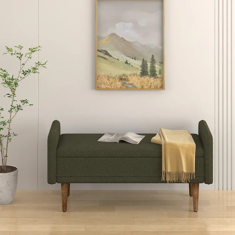 Banc de rangement capitonné accoudoirs bas rangement escamotable tissu lin garnissage éponge pieds fuselés en bois d'hévéa
