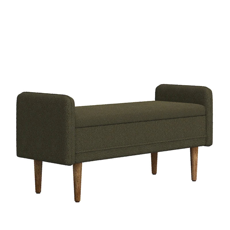 Banc de rangement capitonné accoudoirs bas rangement escamotable tissu lin garnissage éponge pieds fuselés en bois d'hévéa