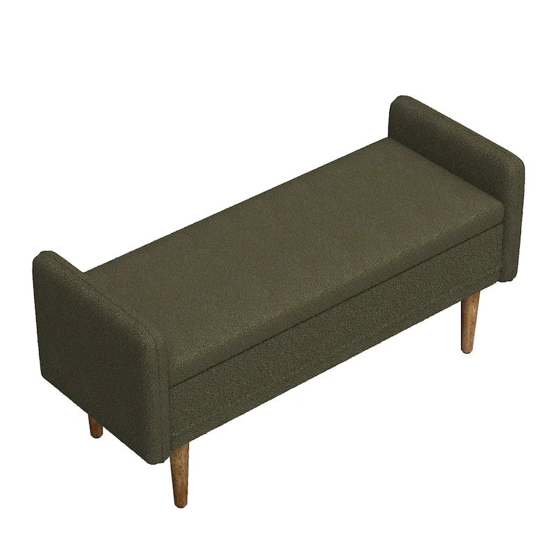 Banc de rangement capitonné accoudoirs bas rangement escamotable tissu lin garnissage éponge pieds fuselés en bois d'hévéa