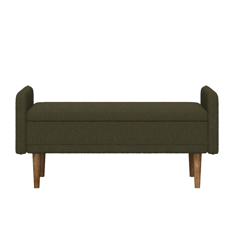 Banc de rangement capitonné accoudoirs bas rangement escamotable tissu lin garnissage éponge pieds fuselés en bois d'hévéa