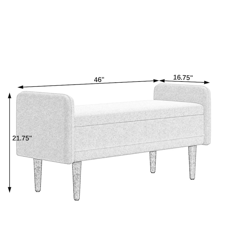 Banc de rangement capitonné accoudoirs bas rangement escamotable tissu lin garnissage éponge pieds fuselés en bois d'hévéa